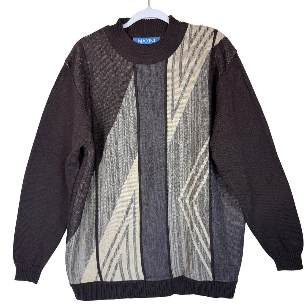 Vintage Maxini Geometric Abstract Wool Blend Sweater Men Size L Brown Retro 90s